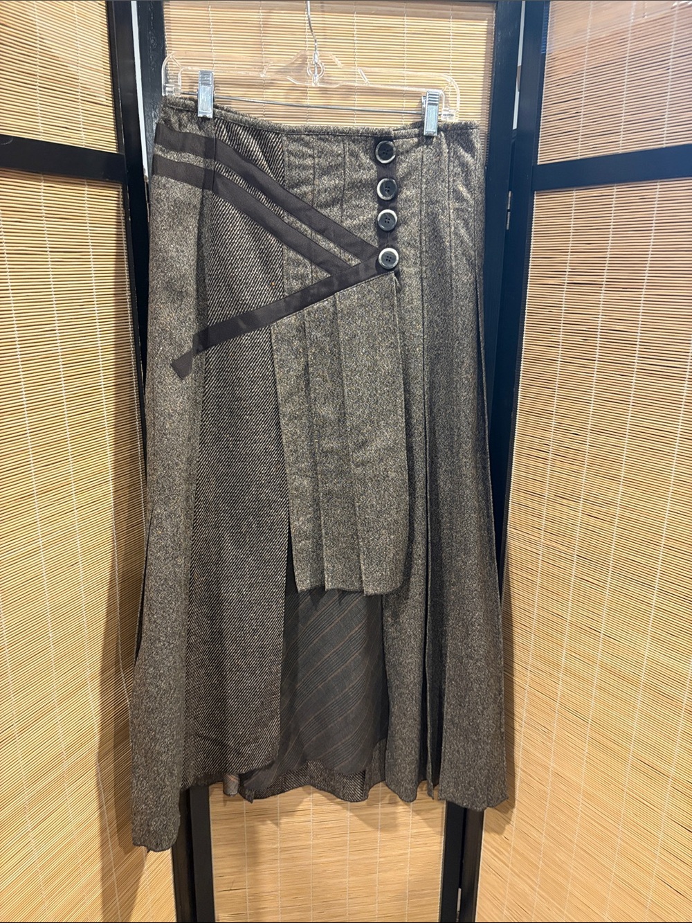 Asymmetrical Wool Tweed Midi Skirt with Button Detail